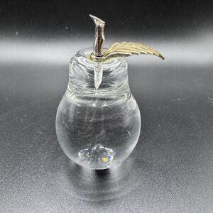 Vintage Clear Art Glass Pear Brass Leaf Paperweight Hand Blown Glass